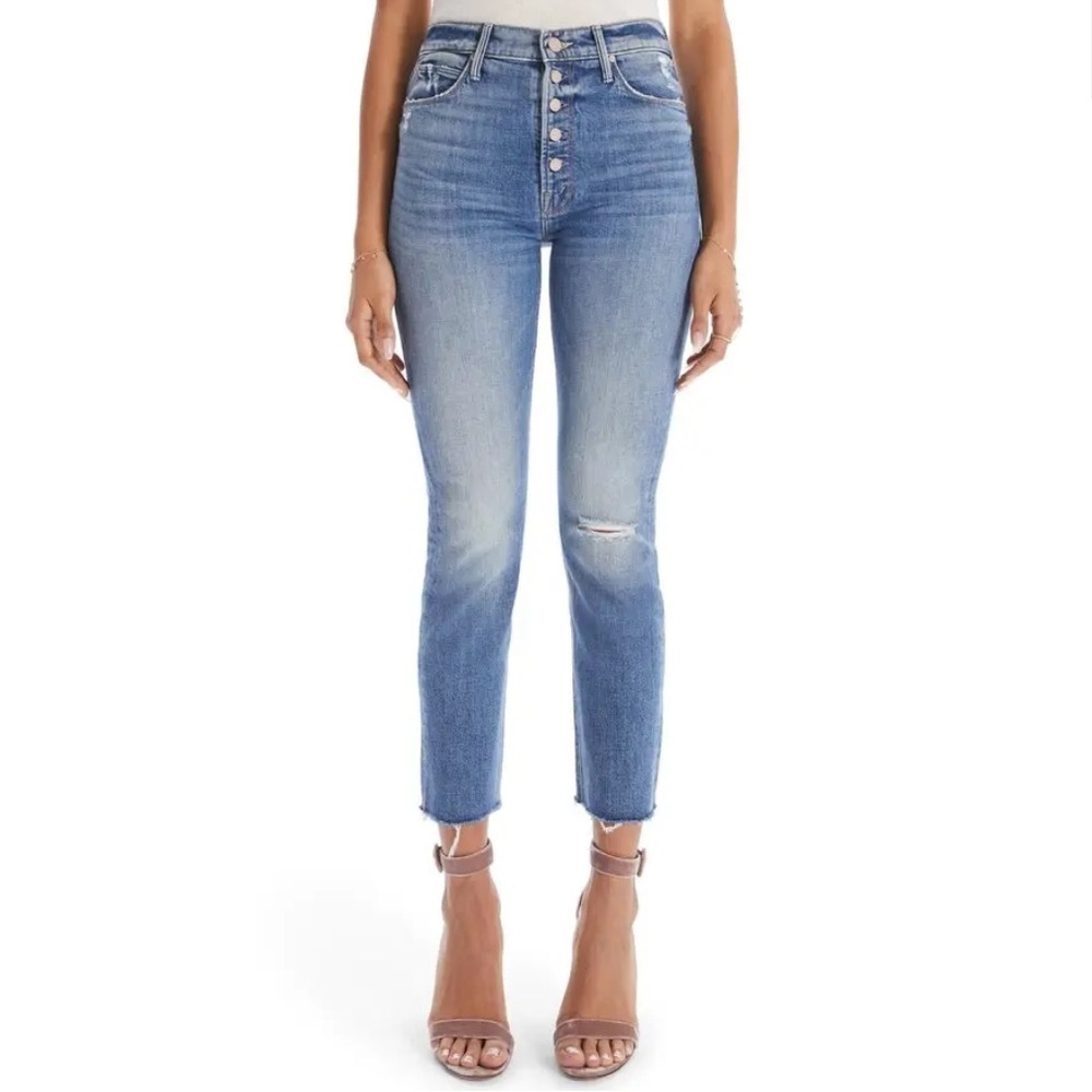 Mother the pixie dazzle ankle fray love pop button fly raw hem jeans